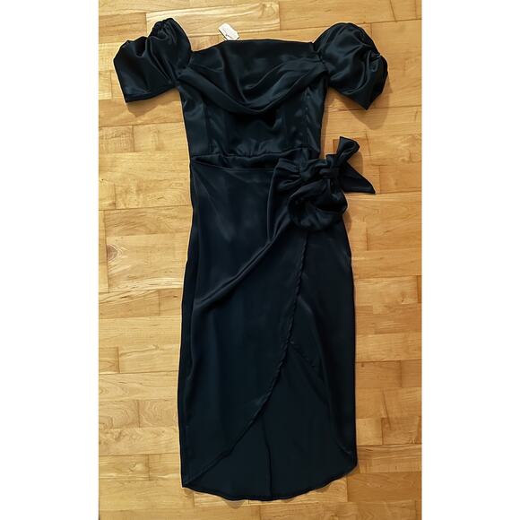 NWT Flounce London bardot ruched midi dress with thigh split wrap tie waist 4 - Picture 4 of 5